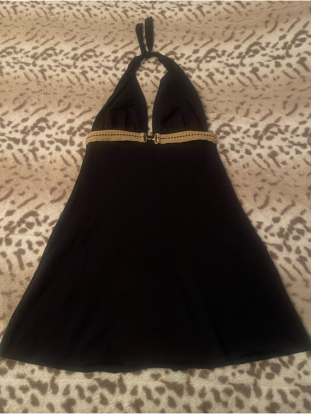 Vix Black Halter Mini Dress with Gold Trim
